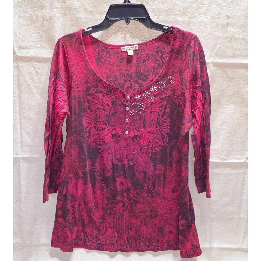 Energe World Wear Y2K Pink Red Paisley Tunic Top Rhinestone Bling XL